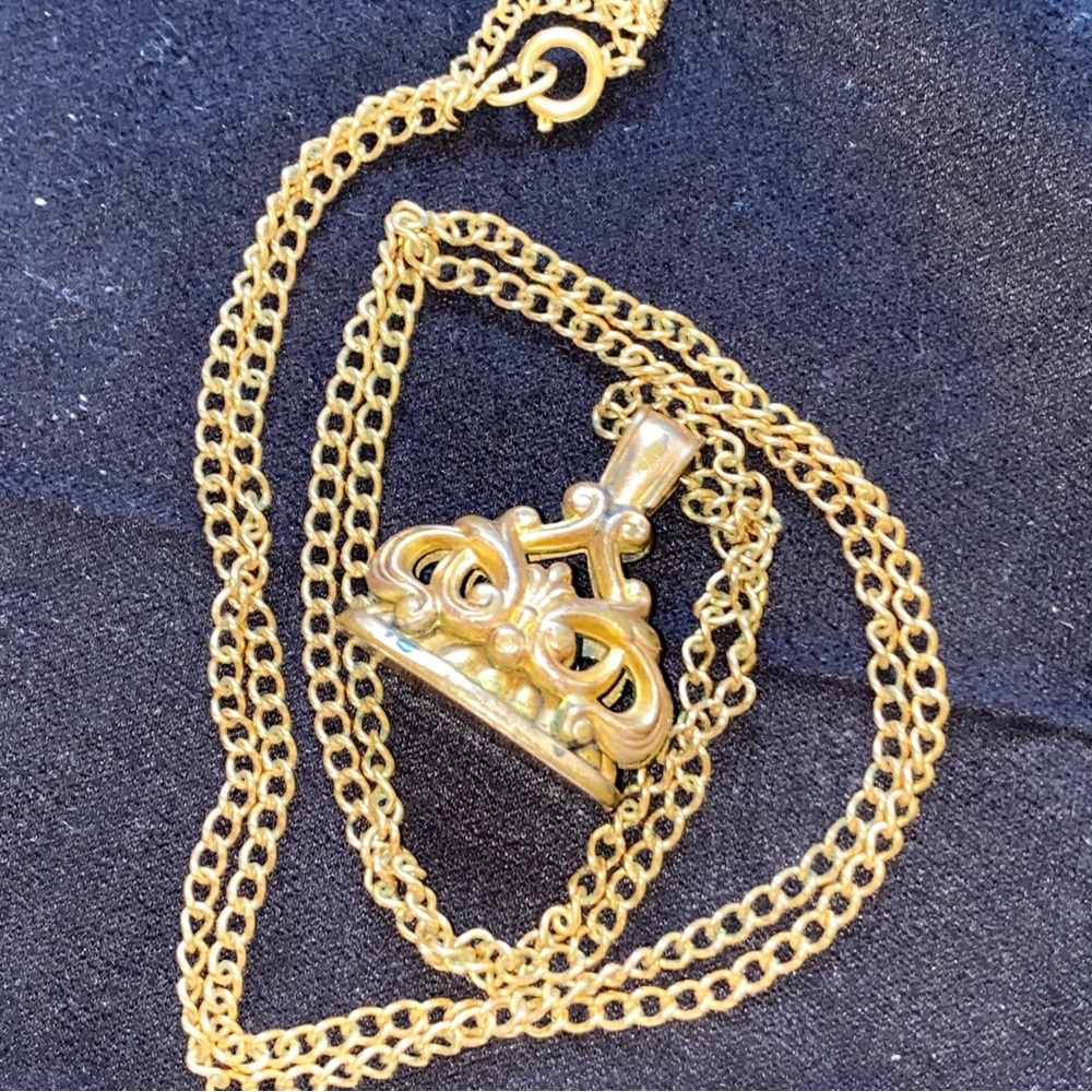 Crown Fob Pendant 1900s Edwardian Necklace Gold Tone Art Nouveau Antique